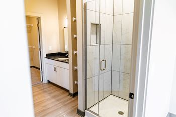 A bathroom with a walk-in shower and a vanity.